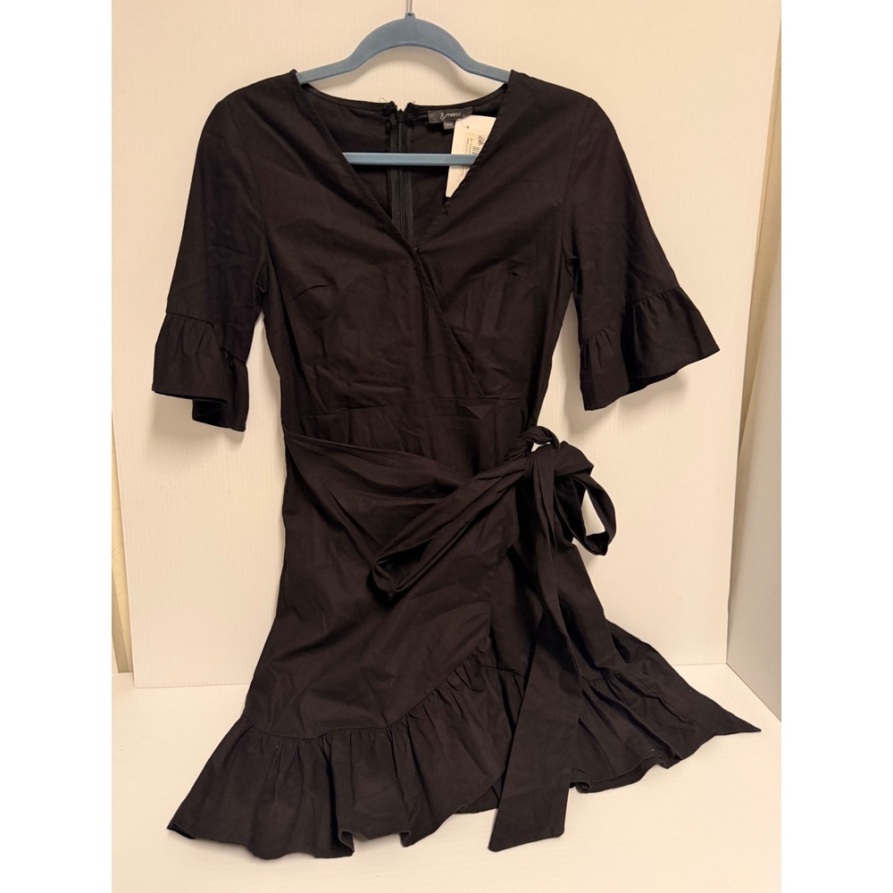&merci Connie Mini Wrap Dress Black Ruffle Hem Bell Sleeve V-Neck NWT Small